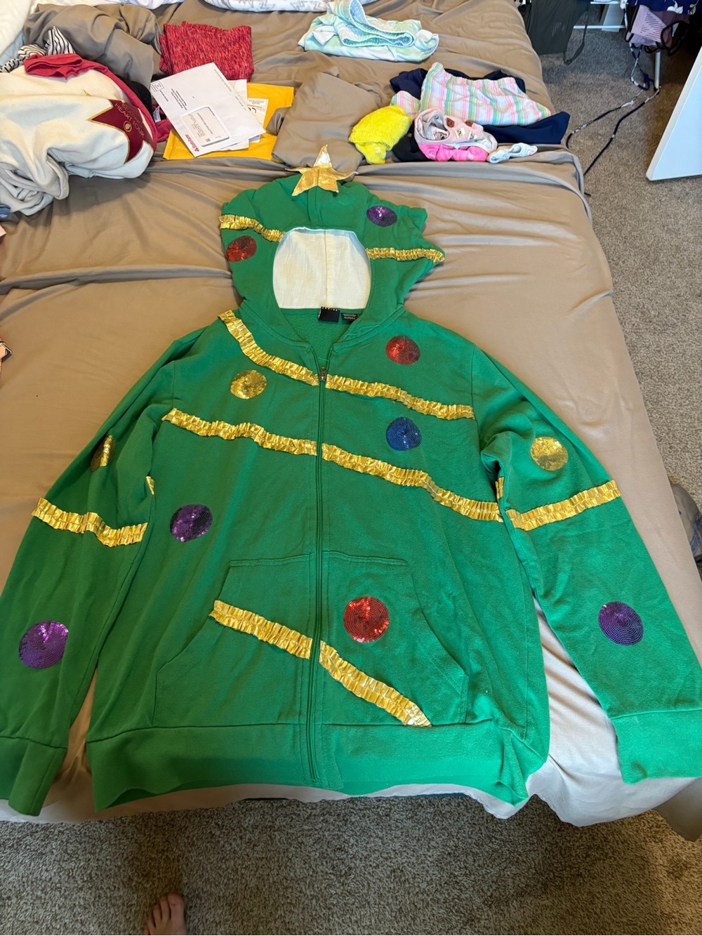 Kids Green Christmas Tree Costume Hoodie with Gold Trim